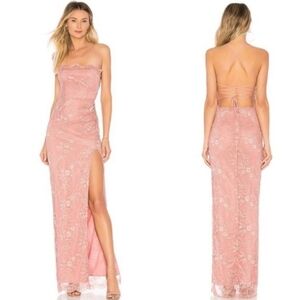 Majorelle Blush Lace Strapless Gown Size L | Lace Up Back High Slit Formal Dress